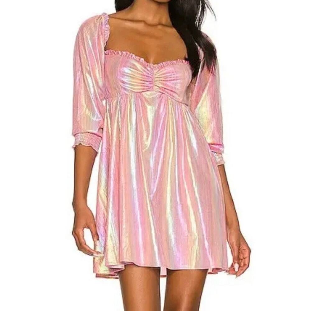 Show Me Your Mumu Downtown Mini Dress in Iridescent Rainbow Sunset Shine Size S